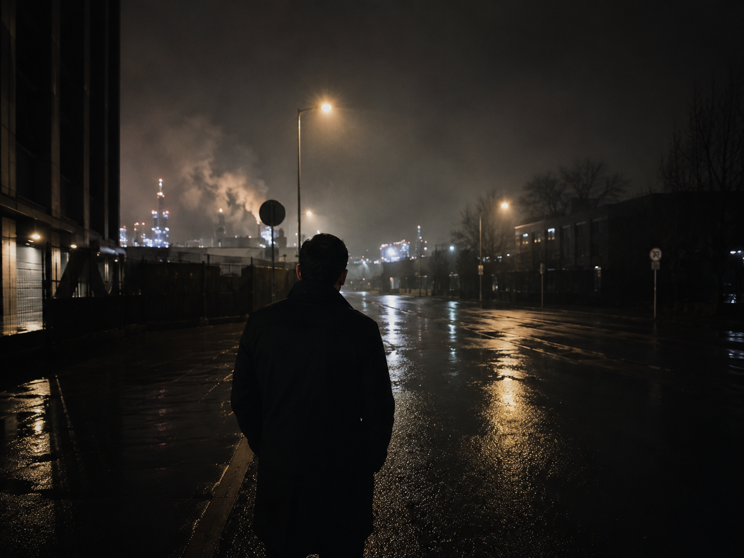 Mann auf nasser Straße bei Nacht, Industrie im Hintergrund