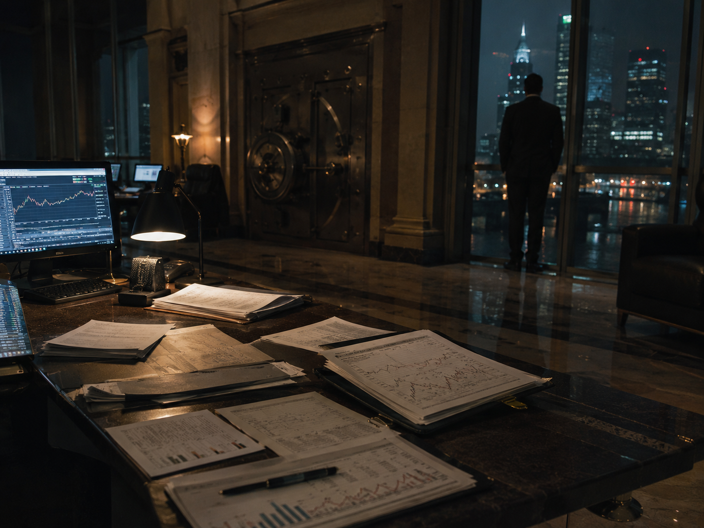 Schreibtisch mit Finanzunterlagen, Tresor und Skyline bei Nacht